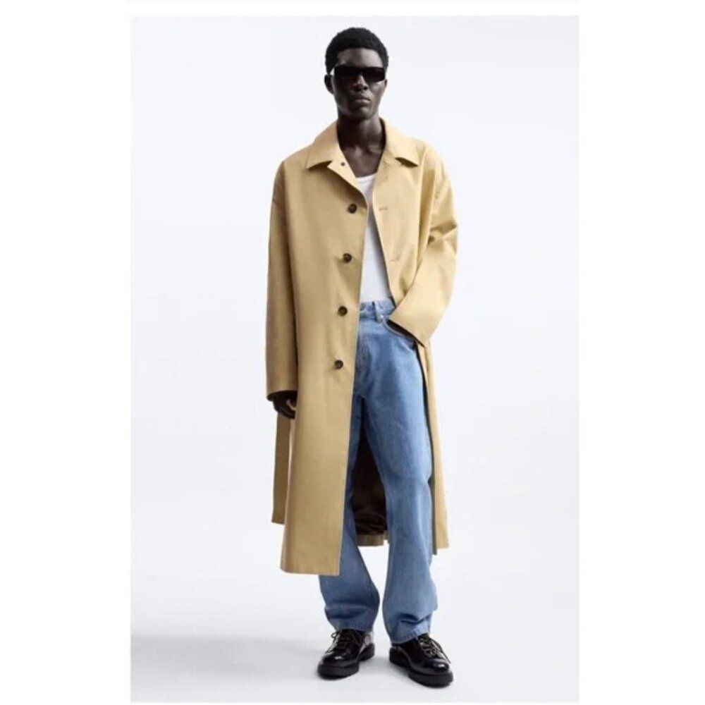 Zara Man Ed Aw'23 Trench Coat Jacket Size S Tan Belted Oversized 5851/368 Nwt